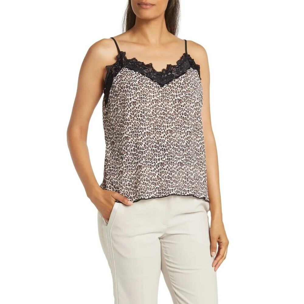 Everleigh Women Animal Printed Lace Trim Crinkle Release Pleate Cami Top Size M